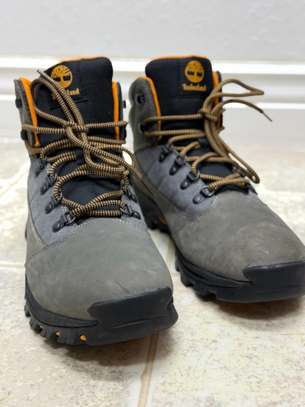 Timberland Men's Gray Suede Hiking Boots with Orange Accents
